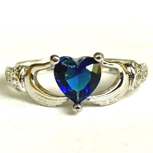 Claddagh Ring Size 7 Silver Plated Irish Celtic Blue Cubic Zirconia Heart Love - Picture 1 of 9